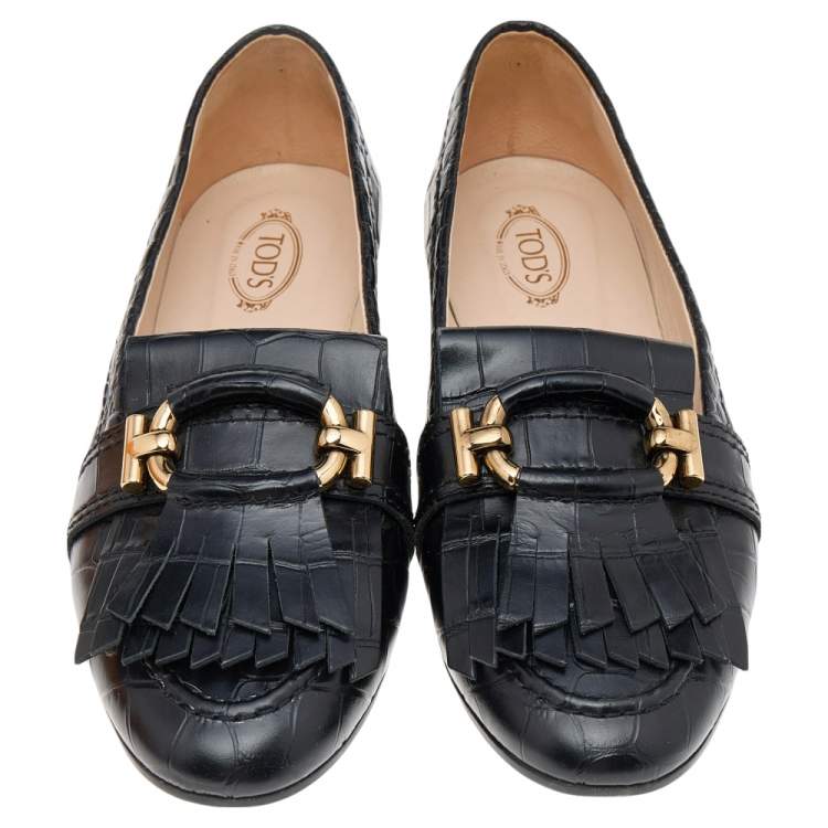 Pre Owned Tod's Black Croc Embossed Leather Tassel Fringe Loafers Size 39