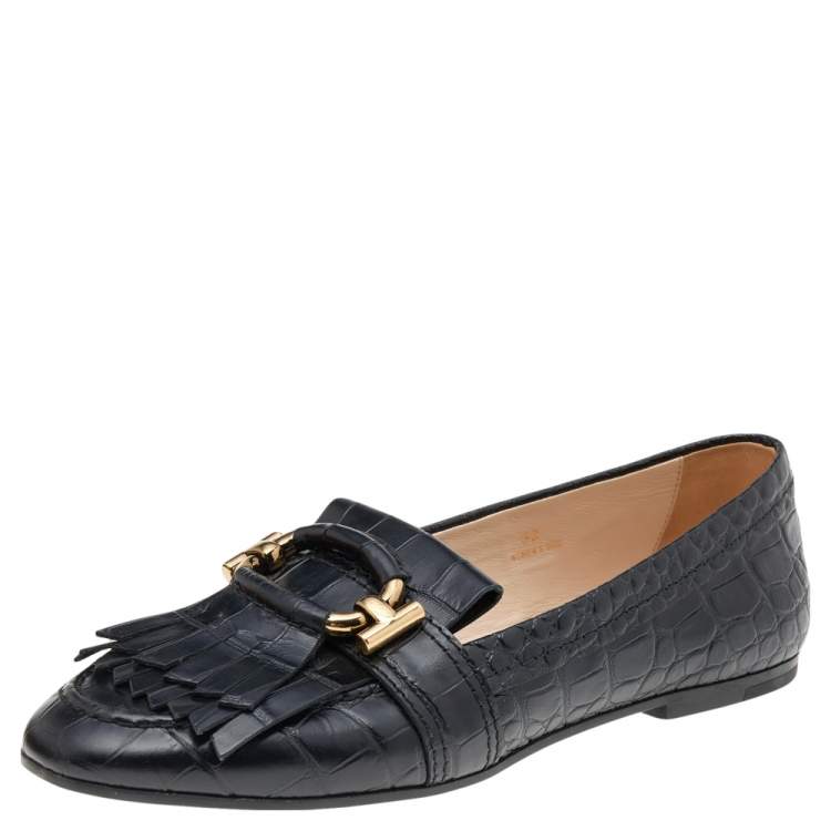 Pre Owned Tod's Black Croc Embossed Leather Tassel Fringe Loafers Size 39