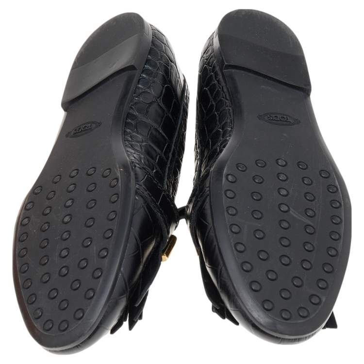 Pre Owned Tod's Black Croc Embossed Leather Tassel Fringe Loafers Size 39