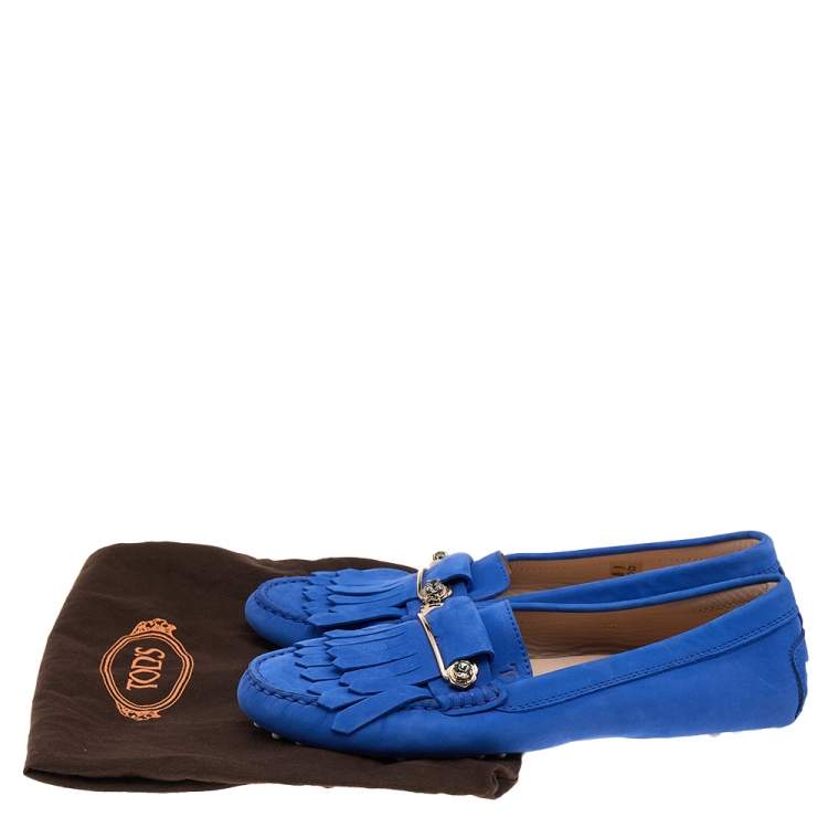 Pre Owned Tod's Blue Nubuck Leather Embellished Fringe Detail Slip On Loafers Size 39