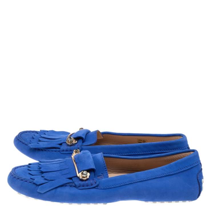 Pre Owned Tod's Blue Nubuck Leather Embellished Fringe Detail Slip On Loafers Size 39