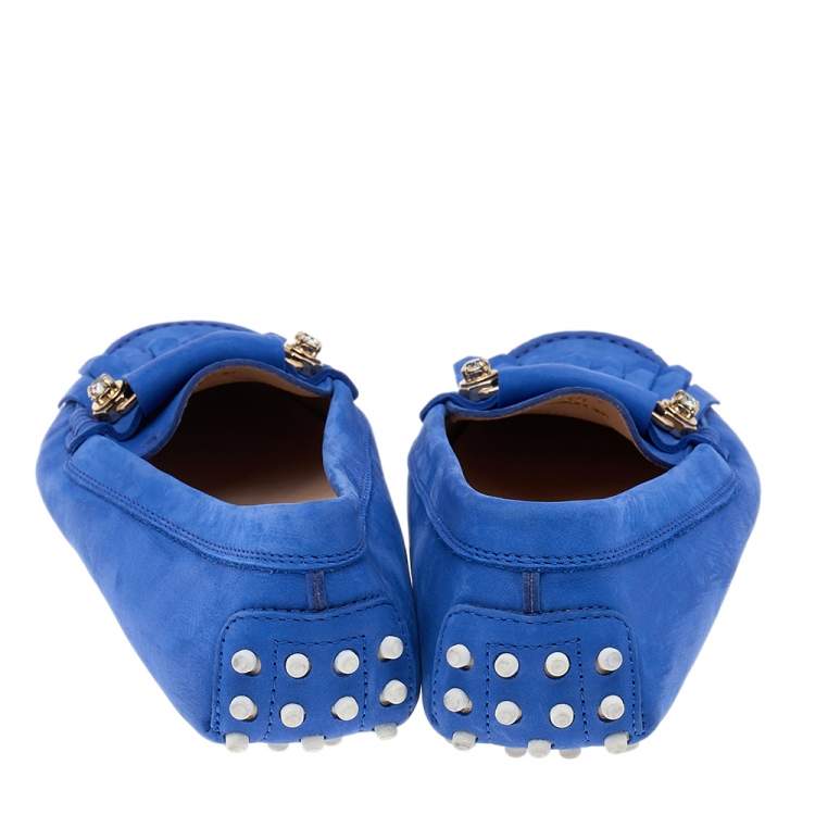 Pre Owned Tod's Blue Nubuck Leather Embellished Fringe Detail Slip On Loafers Size 39