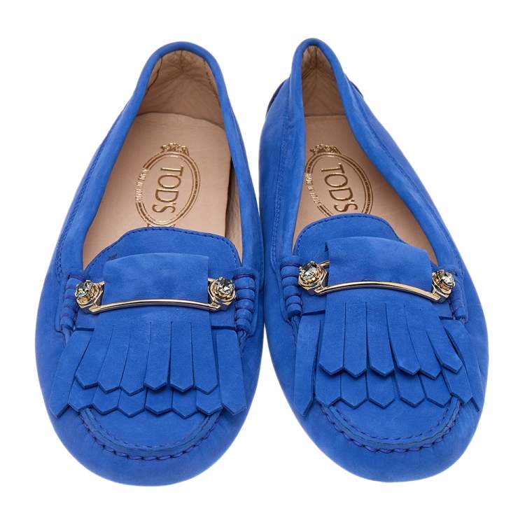 Pre Owned Tod's Blue Nubuck Leather Embellished Fringe Detail Slip On Loafers Size 39