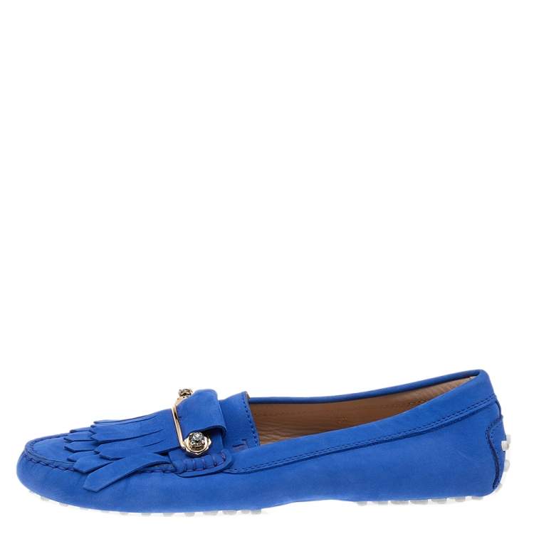 Pre Owned Tod's Blue Nubuck Leather Embellished Fringe Detail Slip On Loafers Size 39