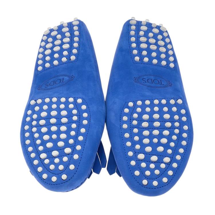 Pre Owned Tod's Blue Nubuck Leather Embellished Fringe Detail Slip On Loafers Size 39