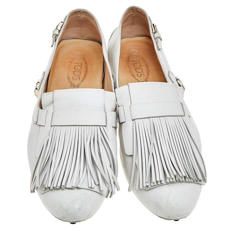 Pre Owned Tod's White Leather Fringe Slip on Loafers Size 39