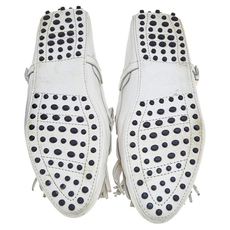 Pre Owned Tod's White Leather Fringe Slip on Loafers Size 39
