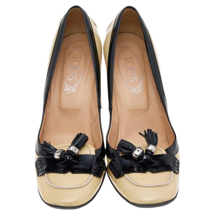 Pre Owned Tod's Beige/Black Patent Leather Tassel Loafer Pumps Size 41