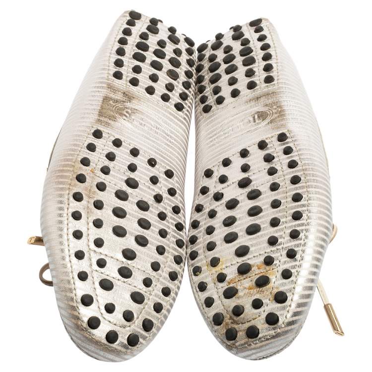 Pre Owned Tod's Silver Stripe Leather Bow Detail Loafers Size 37