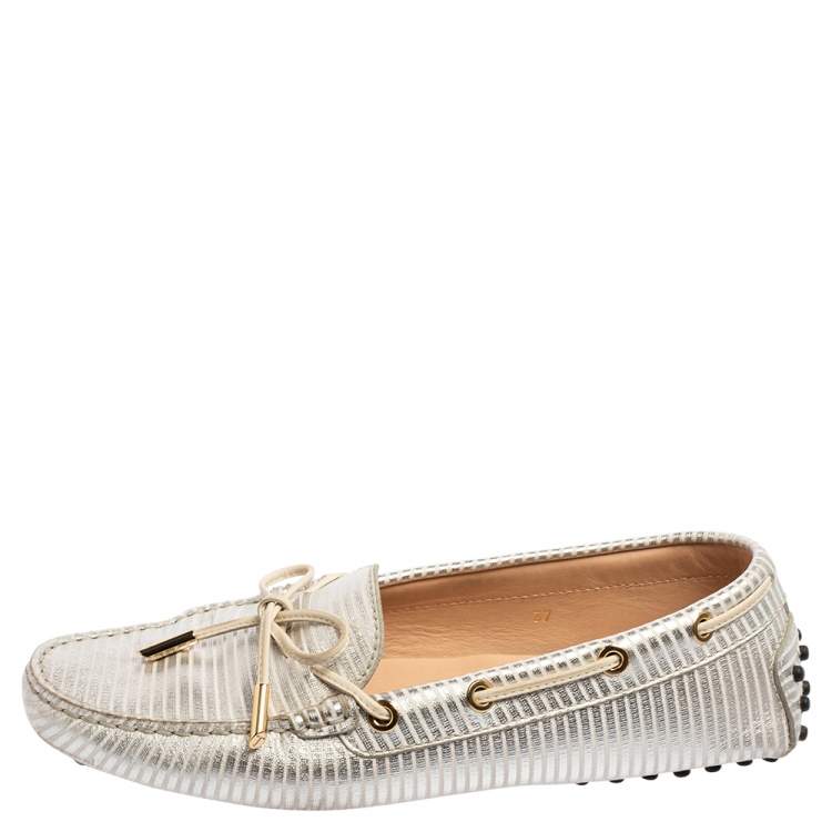 Pre Owned Tod's Silver Stripe Leather Bow Detail Loafers Size 37