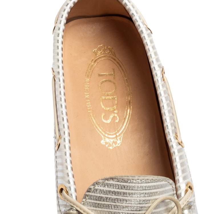 Pre Owned Tod's Silver Stripe Leather Bow Detail Loafers Size 37