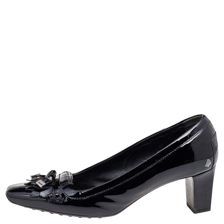 Pre Owned Tod's Black Patent Leather Fringe Square Toe Pumps Size 40