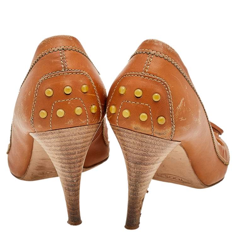 Pre Owned Tod's Brown Leather Bow Peep Toe Pumps Size 37.5 