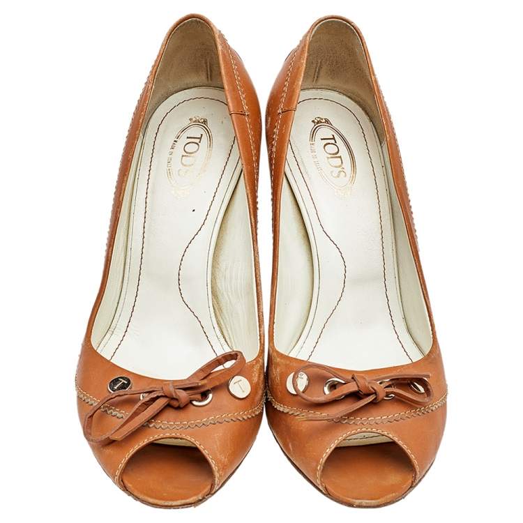Pre Owned Tod's Brown Leather Bow Peep Toe Pumps Size 37.5 