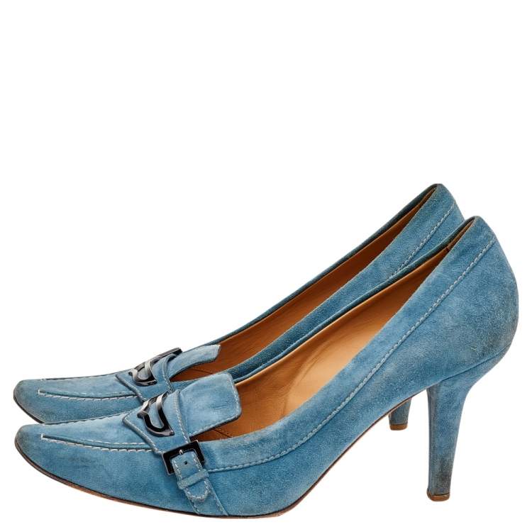Pre Owned Tod's Blue Suede Pointed Toe Loafer Pumps Size 37.5