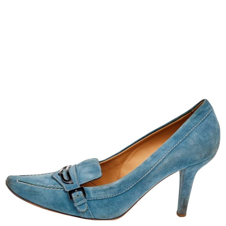 Pre Owned Tod's Blue Suede Pointed Toe Loafer Pumps Size 37.5
