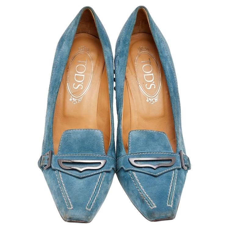 Pre Owned Tod's Blue Suede Pointed Toe Loafer Pumps Size 37.5