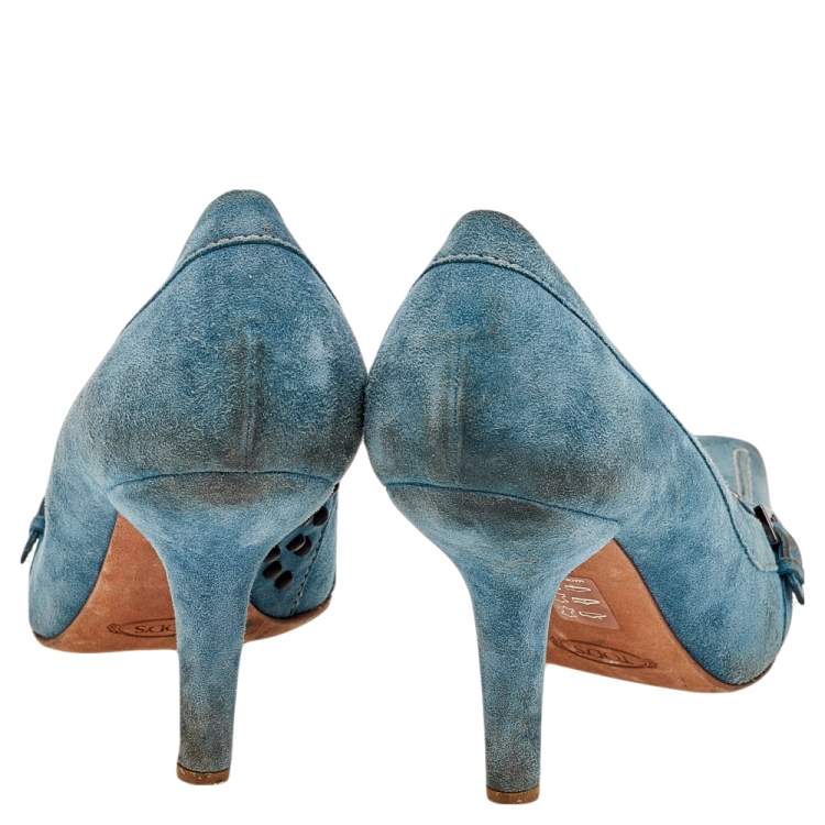 Pre Owned Tod's Blue Suede Pointed Toe Loafer Pumps Size 37.5