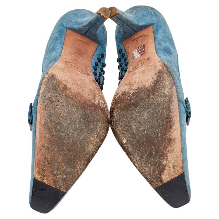 Pre Owned Tod's Blue Suede Pointed Toe Loafer Pumps Size 37.5