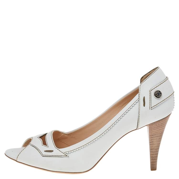 Pre Owned Tod's White Leather Peep Toe Pumps Size 37.5