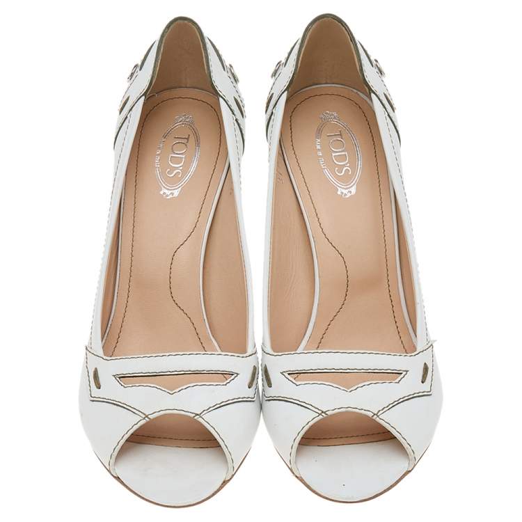 Pre Owned Tod's White Leather Peep Toe Pumps Size 37.5
