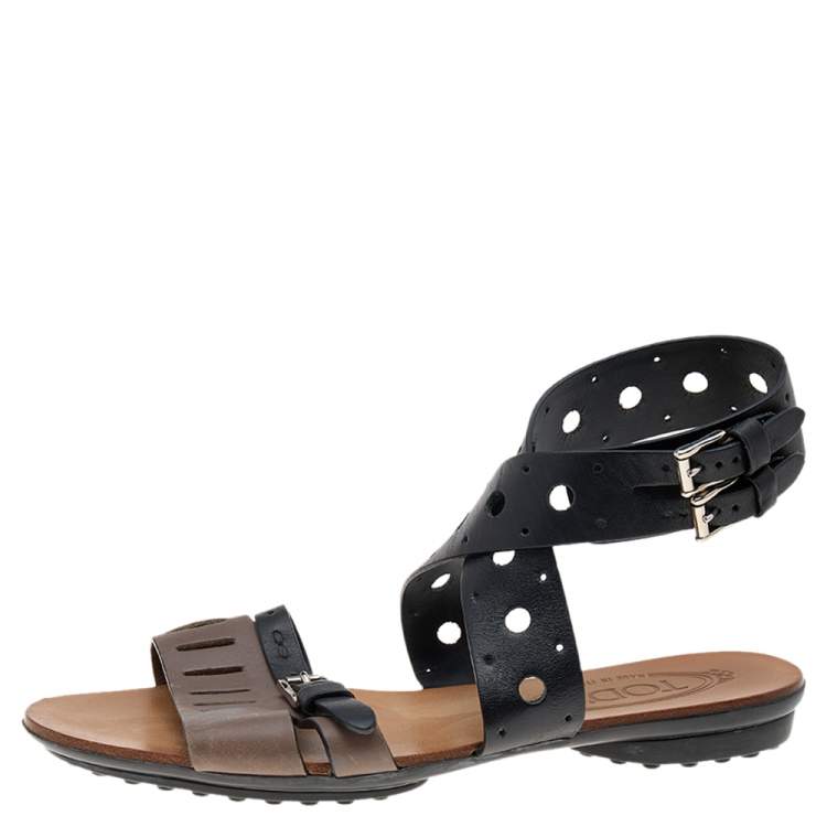 Pre Owned Tod's Black/Grey Leather Flat Sandals Size 36