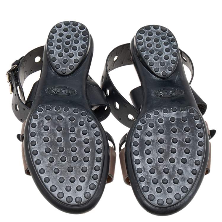 Pre Owned Tod's Black/Grey Leather Flat Sandals Size 36