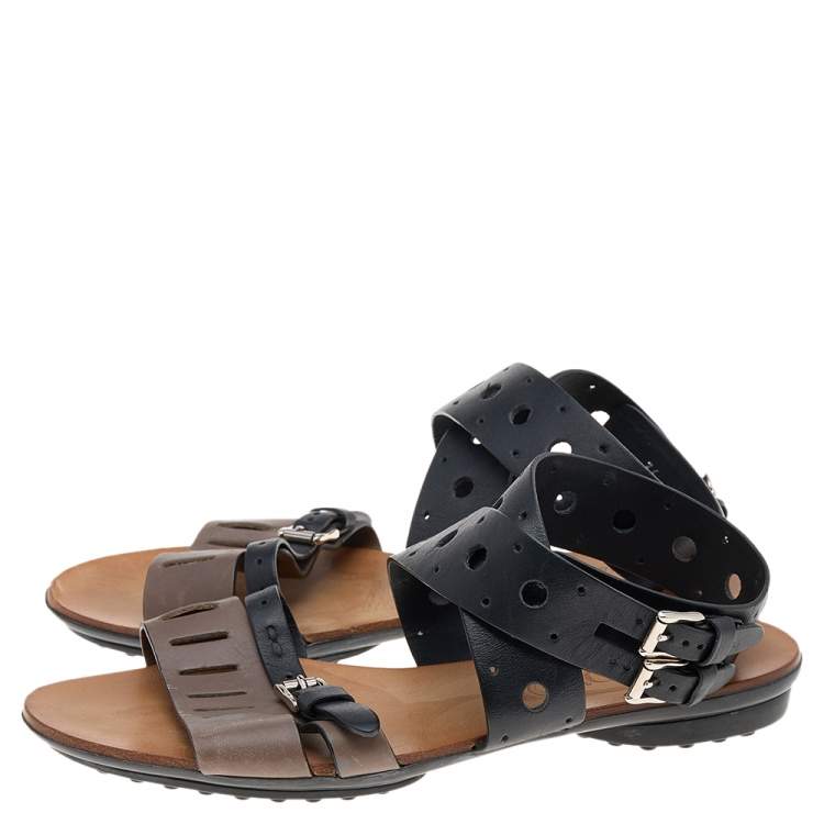 Pre Owned Tod's Black/Grey Leather Flat Sandals Size 36