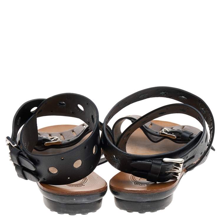 Pre Owned Tod's Black/Grey Leather Flat Sandals Size 36