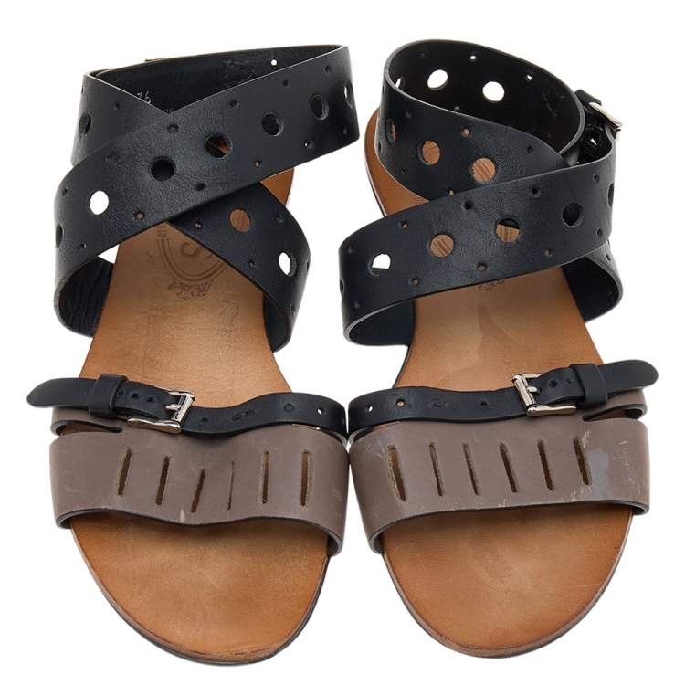 Pre Owned Tod's Black/Grey Leather Flat Sandals Size 36