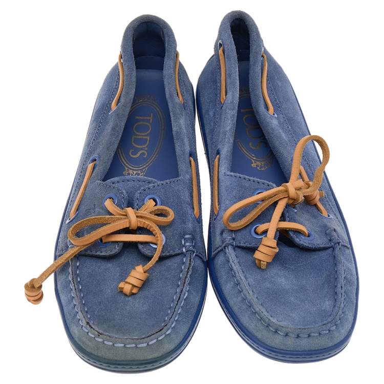 Pre Owned Tod's Blue Suede Lace Up Boat Loafers Size 38 