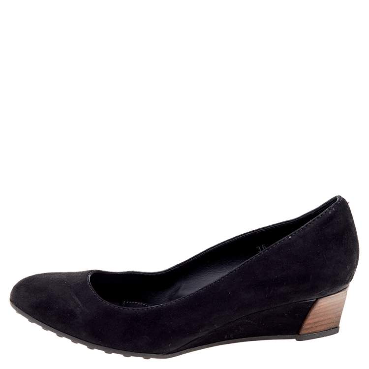Pre Owned Tod's Black Suede Wedge Pumps Size 36
