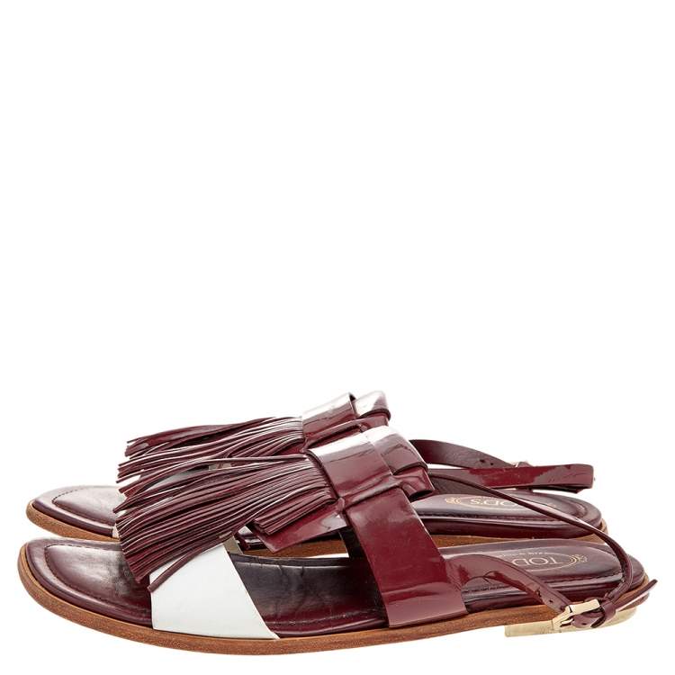 Pre Owned Tod's Burgundy/White Patent Leather And Leather Fringe Flat Sandals Size 38.5