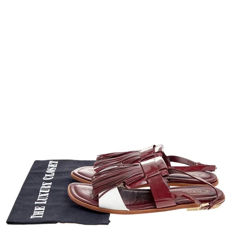 Pre Owned Tod's Burgundy/White Patent Leather And Leather Fringe Flat Sandals Size 38.5