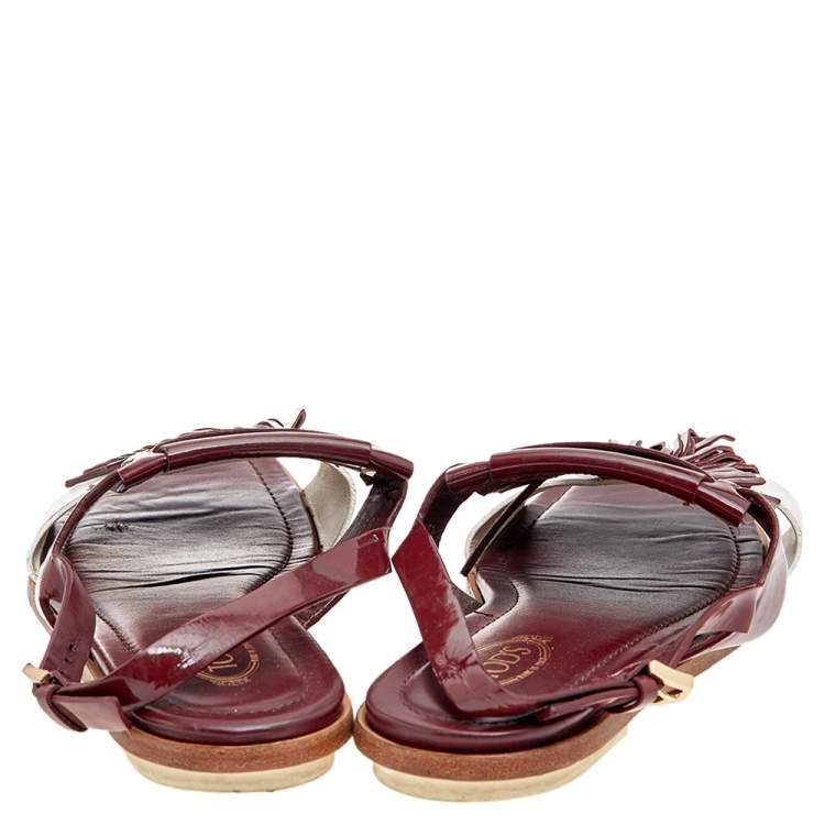 Pre Owned Tod's Burgundy/White Patent Leather And Leather Fringe Flat Sandals Size 38.5