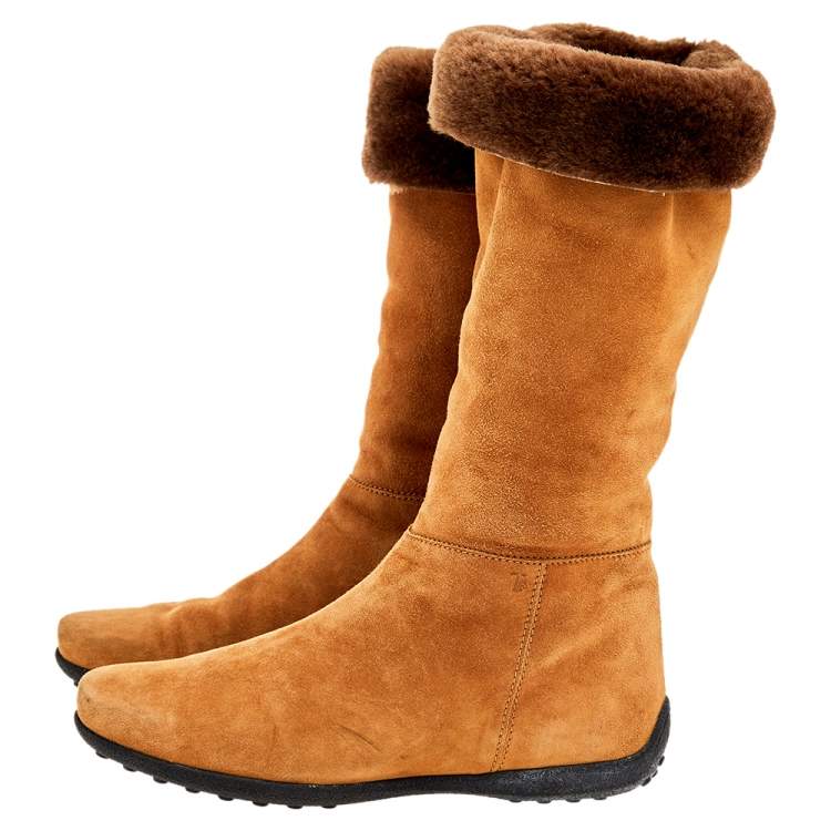 Pre Owned Tod's Yellow/Brown Suede And Fur Calf Length Boots Size 37.5