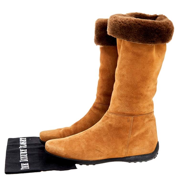 Pre Owned Tod's Yellow/Brown Suede And Fur Calf Length Boots Size 37.5