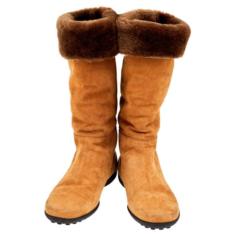 Pre Owned Tod's Yellow/Brown Suede And Fur Calf Length Boots Size 37.5