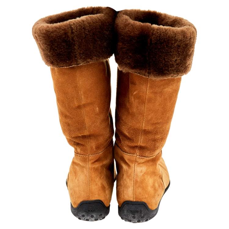 Pre Owned Tod's Yellow/Brown Suede And Fur Calf Length Boots Size 37.5