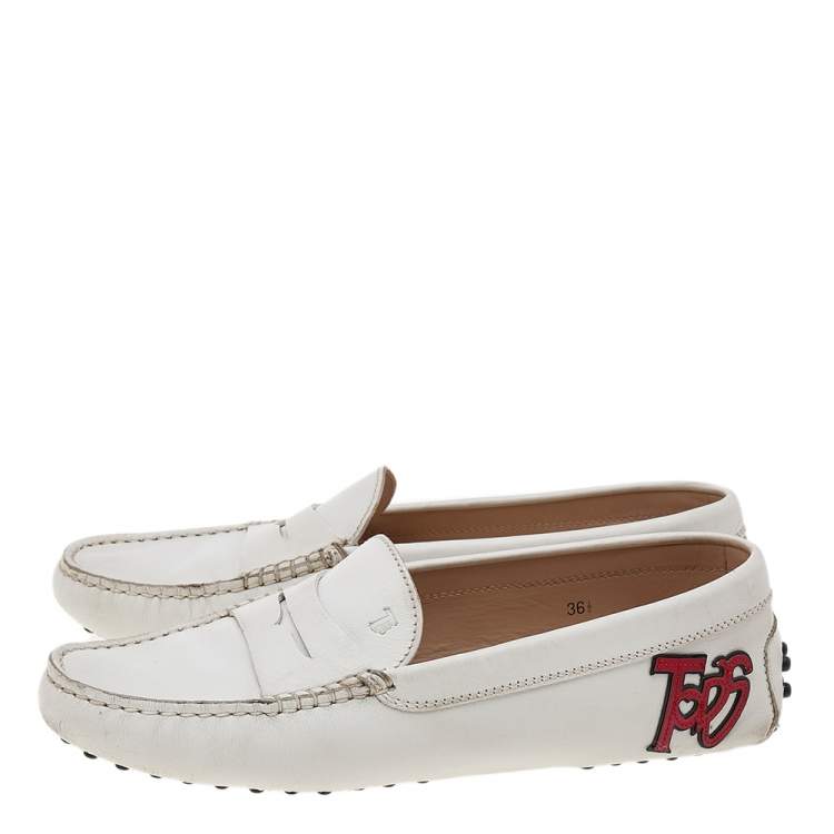 Pre Owned Tod's White Leather Gommino Driving Loafers Size 36.5