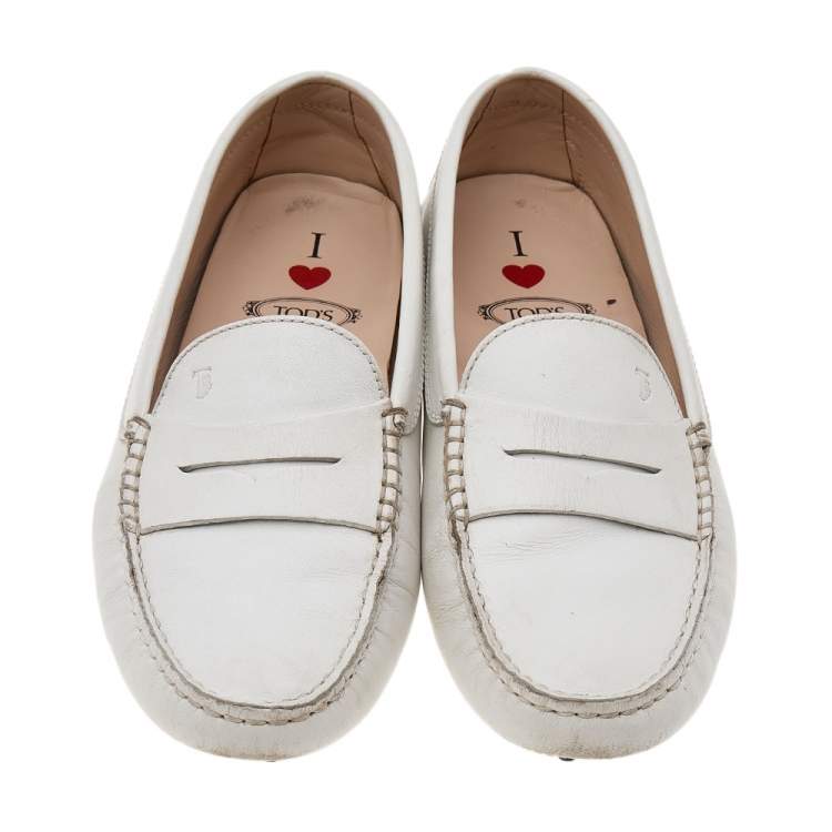 Pre Owned Tod's White Leather Gommino Driving Loafers Size 36.5
