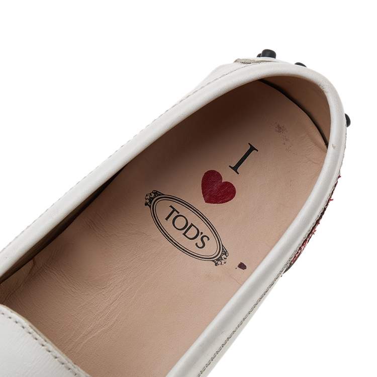 Pre Owned Tod's White Leather Gommino Driving Loafers Size 36.5
