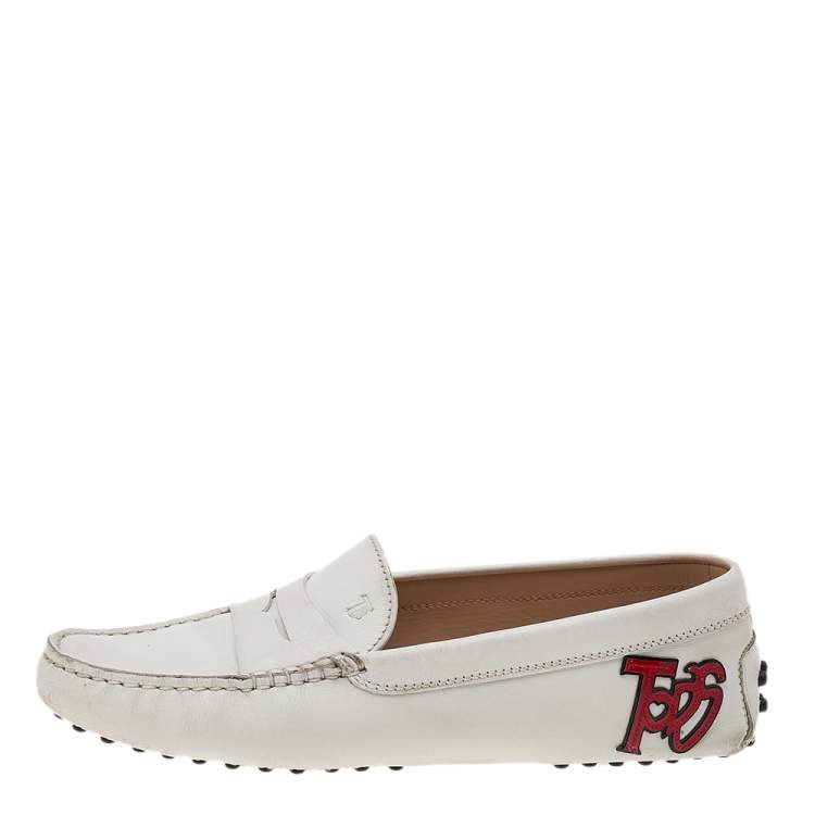 Pre Owned Tod's White Leather Gommino Driving Loafers Size 36.5