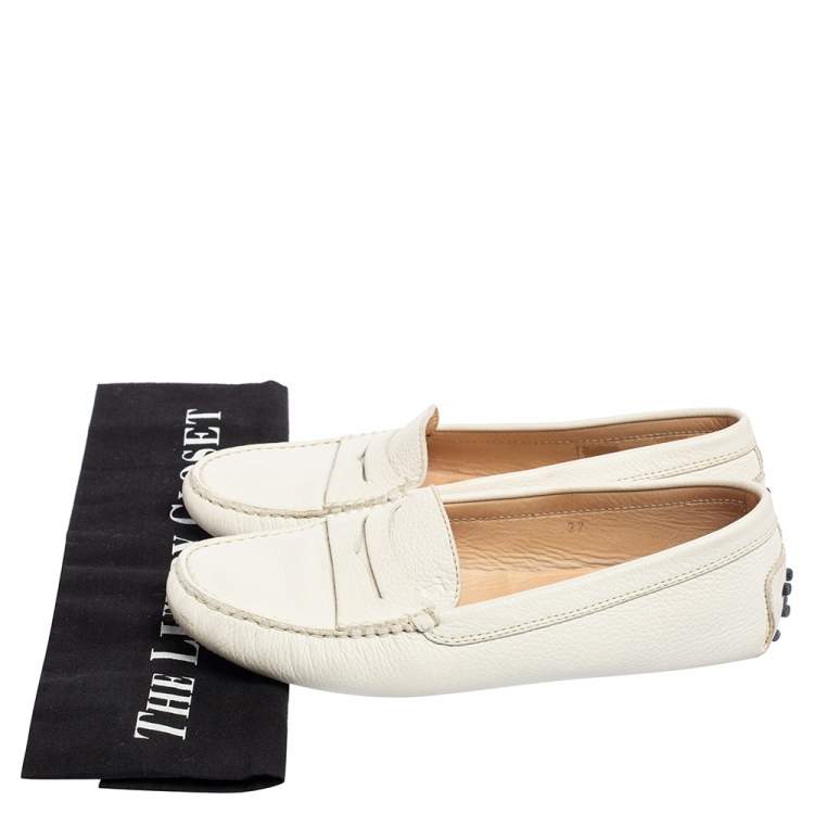 Pre Owned Tod's White Leather Gommino Driver Loafers Size 37