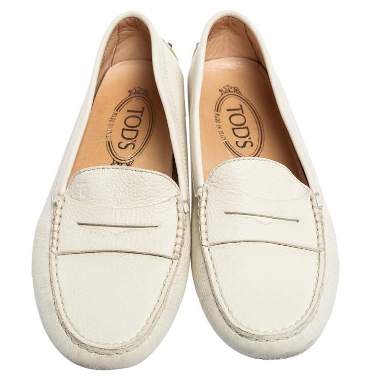 Pre Owned Tod's White Leather Gommino Driver Loafers Size 37