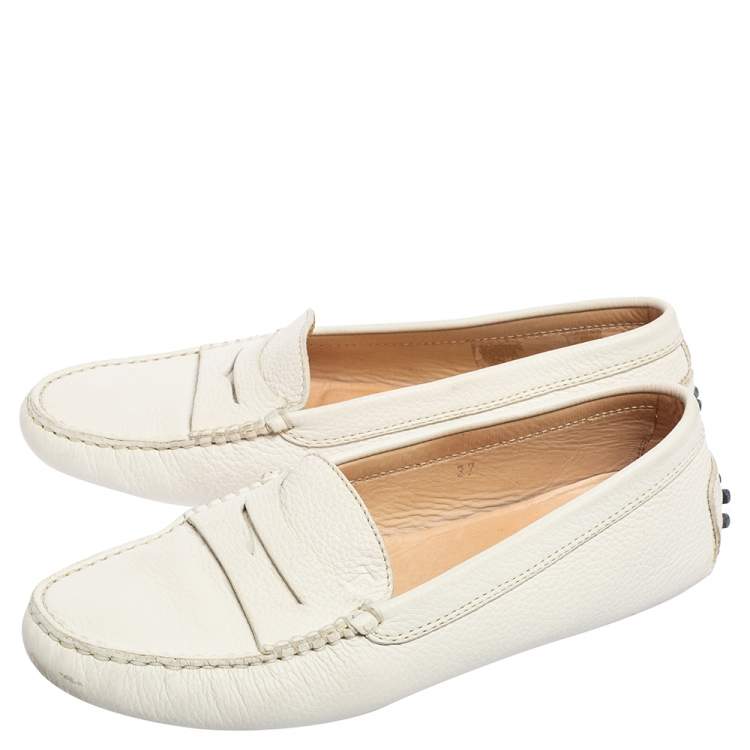 Pre Owned Tod's White Leather Gommino Driver Loafers Size 37