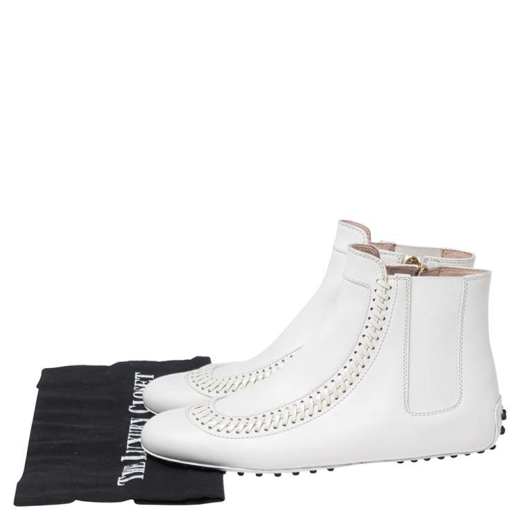 Pre Owned Tod's White Leather Stitch Detail Ankle Boots Size 37