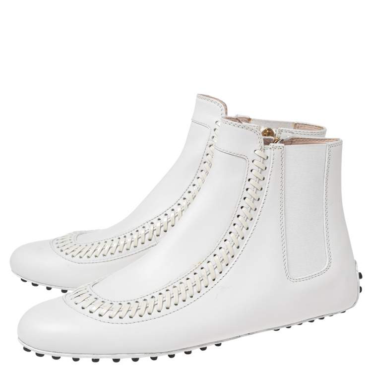 Pre Owned Tod's White Leather Stitch Detail Ankle Boots Size 37