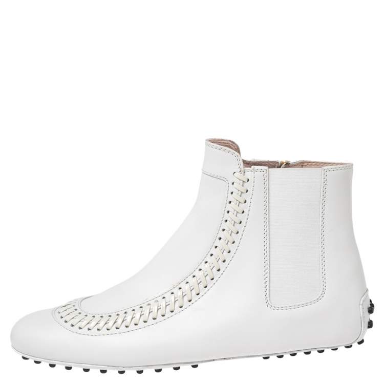 Pre Owned Tod's White Leather Stitch Detail Ankle Boots Size 37