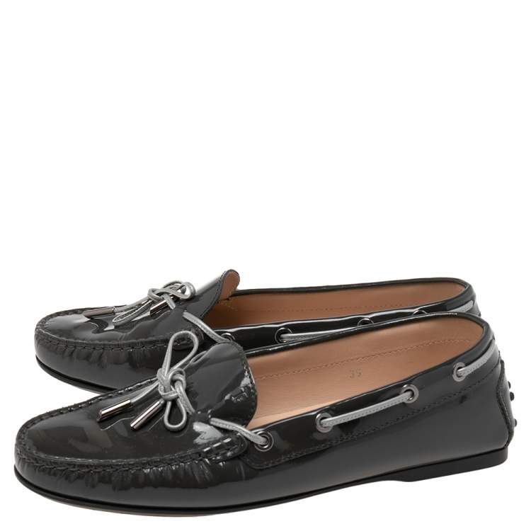 Pre Owned Tod's Dark Grey Patent Leather  New Gommini Loafers Size 39